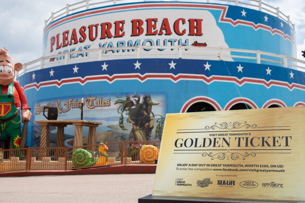 A golden ticket in front of Great Yarmouth Pleasure Beach