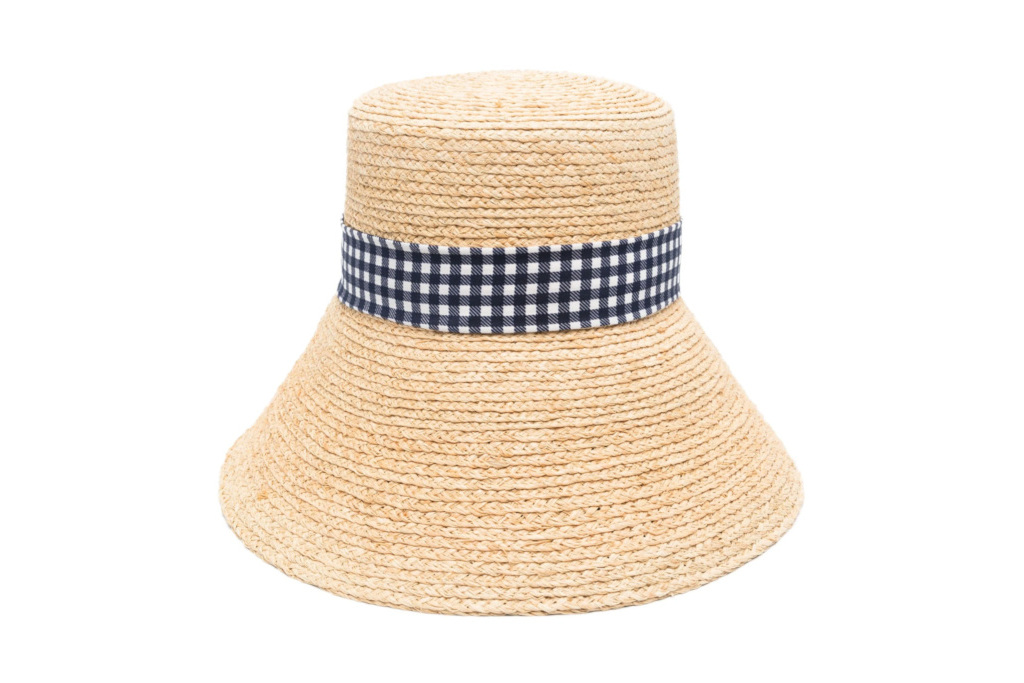 Straw hat with gingham ribbon
