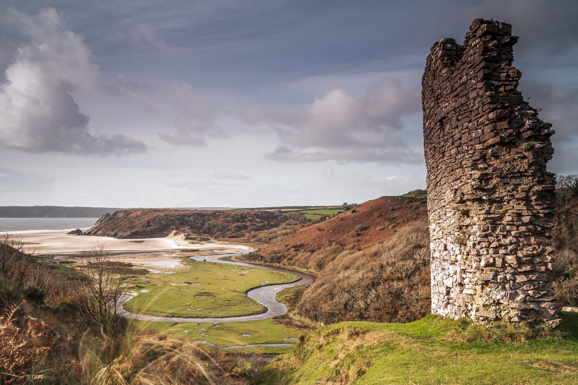 Pennard Castle, overlooking Three Cliffs Bay, in the Gower Peninsular, south Wales