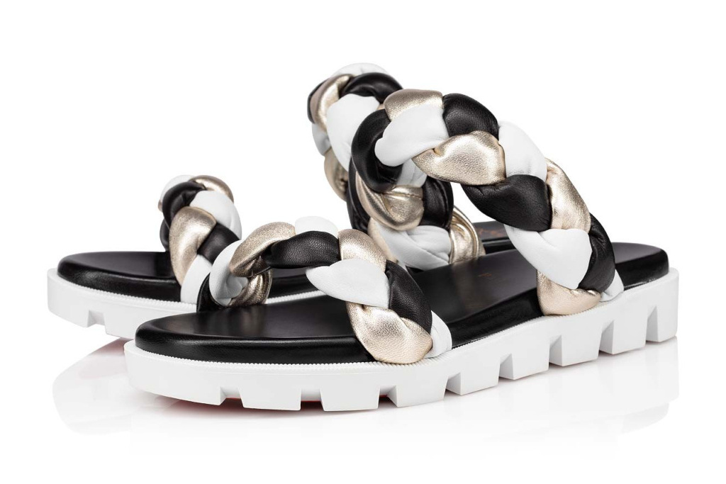 Sandals with Twisted Straps in Black, White and Gold