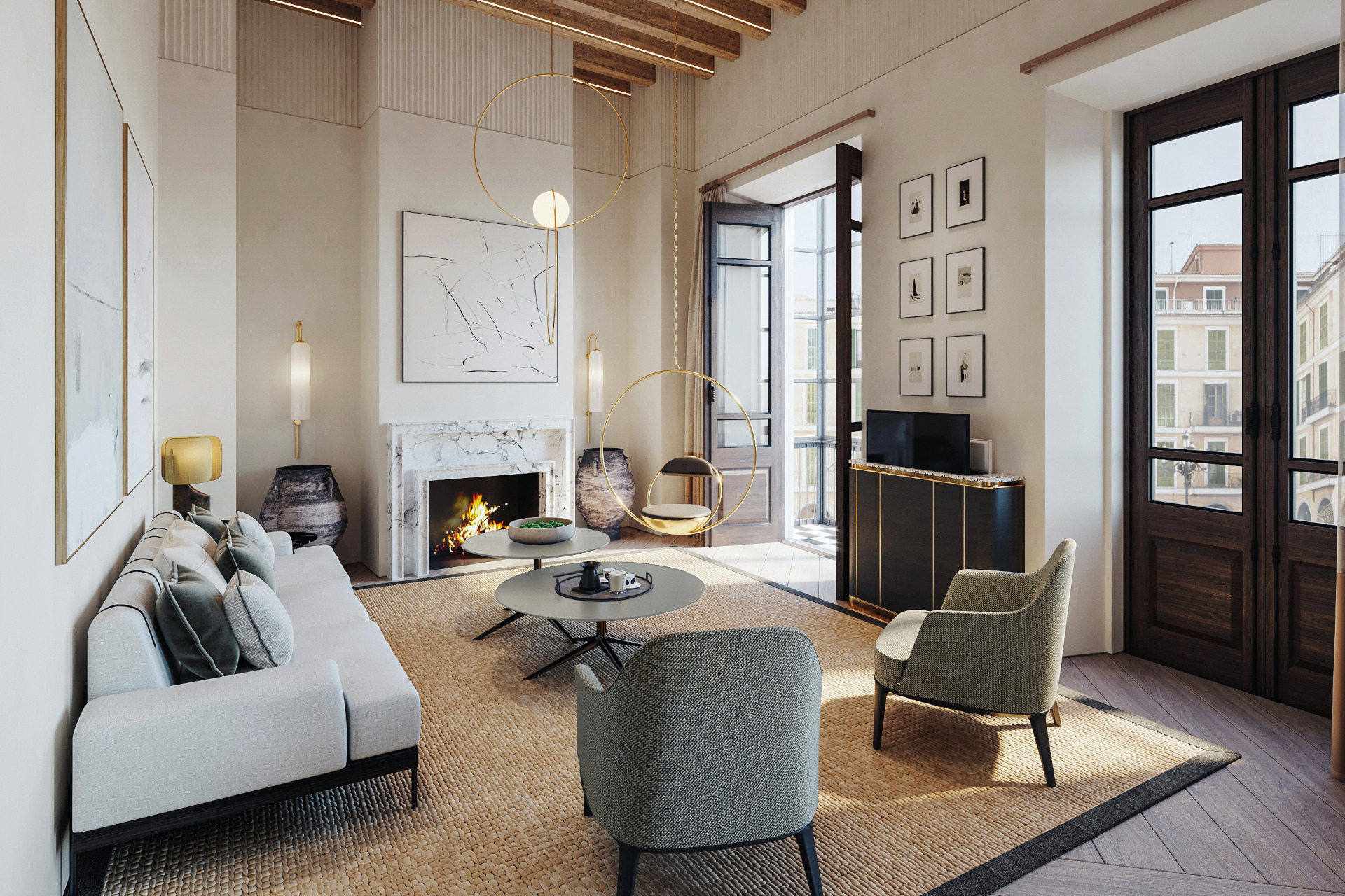 Modern living room with sofa, armchairs, fireplace and large doors