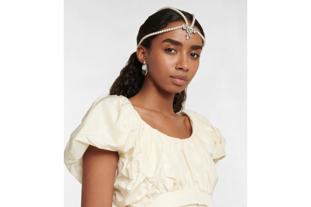 Woman wearing faux pearl tiara