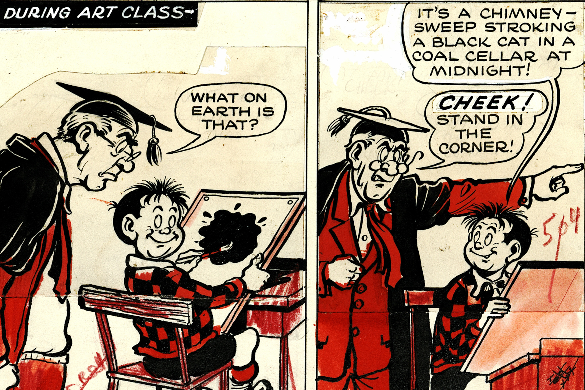 Roger the Dodger, Original artwork from 1961. Artwork by Frank McDiarmid. Courtesy of Beano.