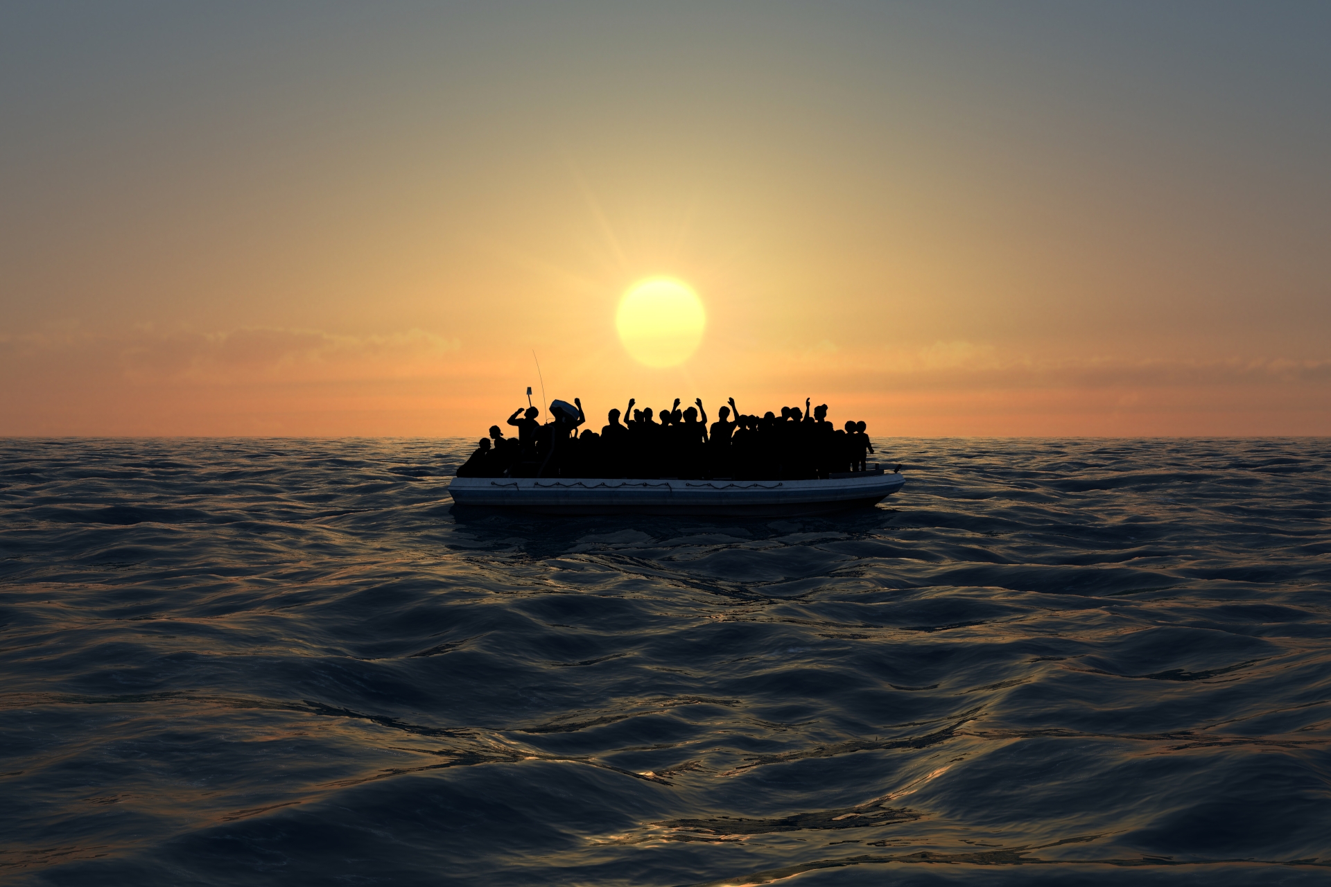 Refugees on a big rubber boat in the middle of the sea that require help