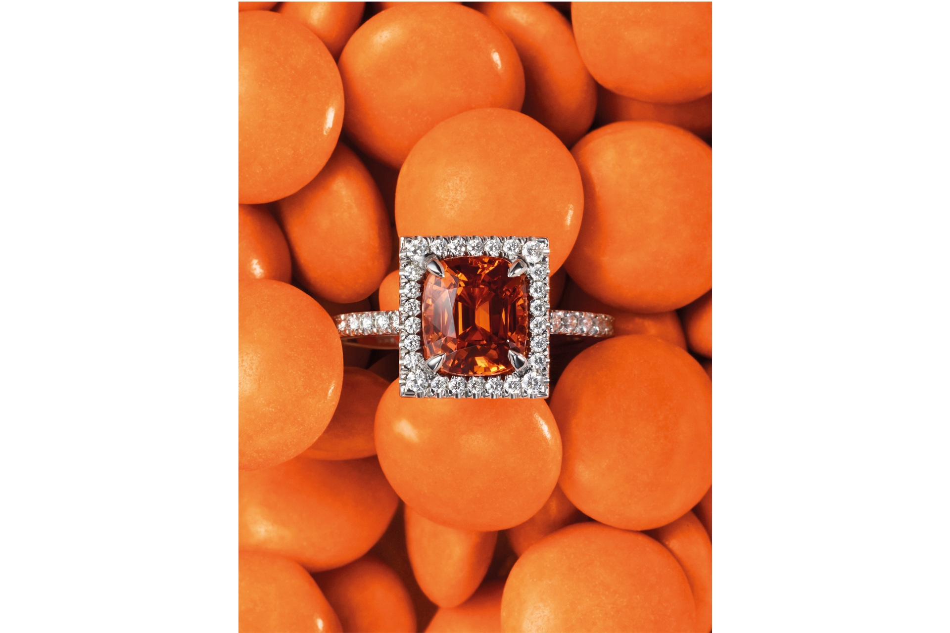 colourful jewellery Boodles Vintage ring featuring a mandarin garnet and white diamonds set in platinum