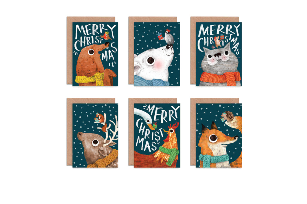 Emily Nash Illustration Pack Of Twelve Festive Animal Cards