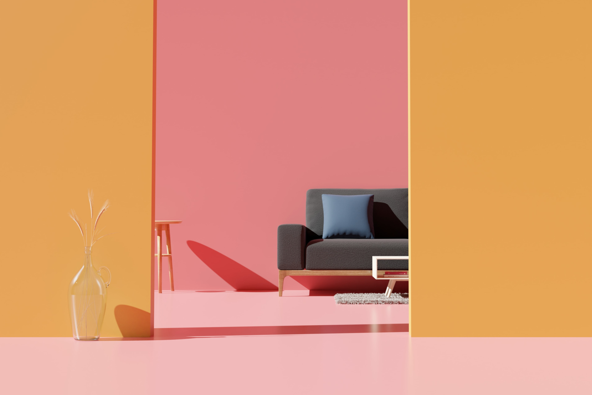 Pink and orange living room seen through doorway