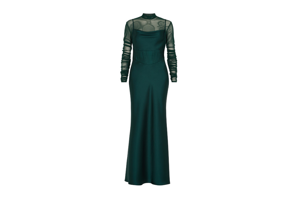 Green satin and sheer dress