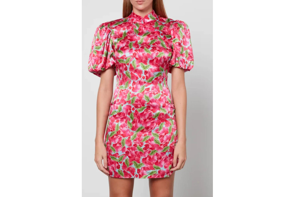 Model in pink floral mini dress