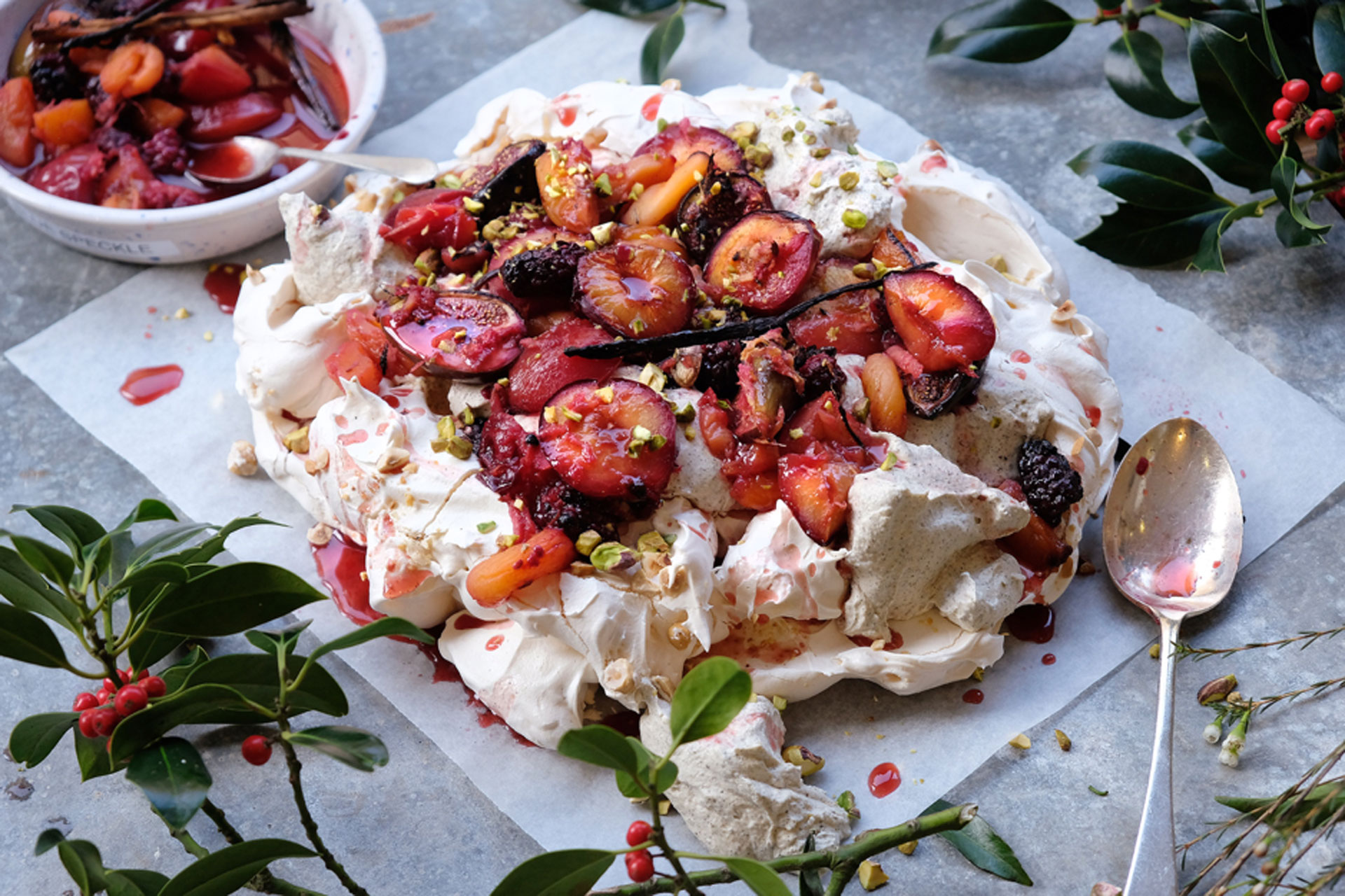 Hazelnut Pavlova with Spiced Roast Fruit and Chai Cream