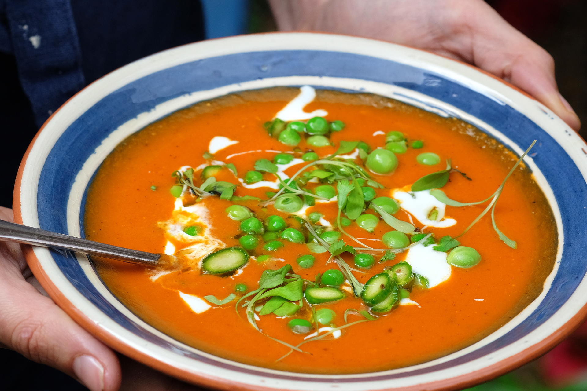 Recipe: Roasted Red Pepper Soup with Crunchy Spring Greens