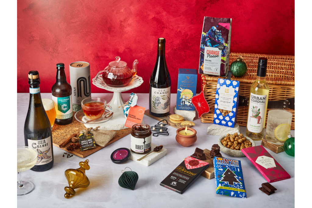 Food and drink on red background