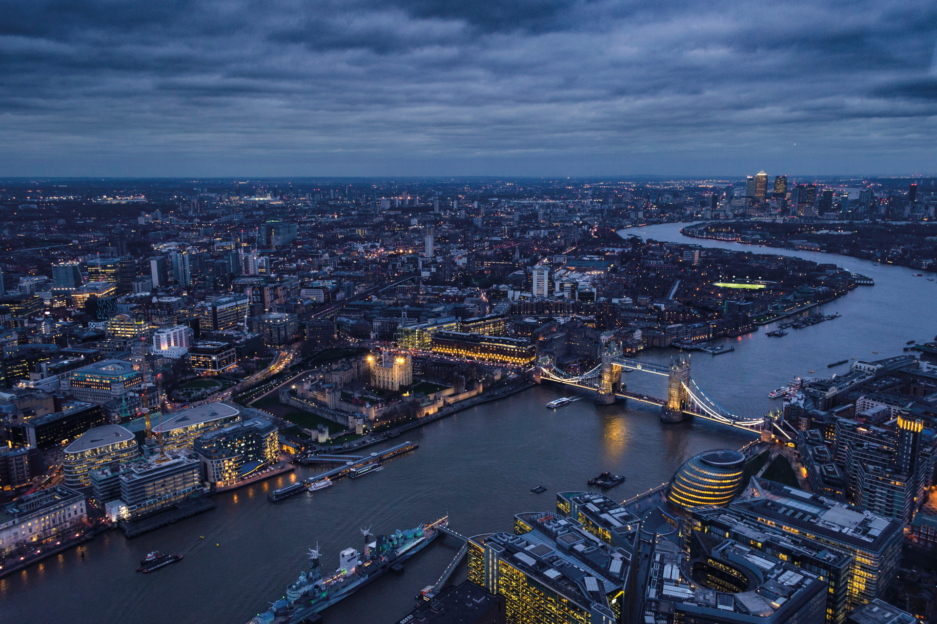 Aerial view of London at night