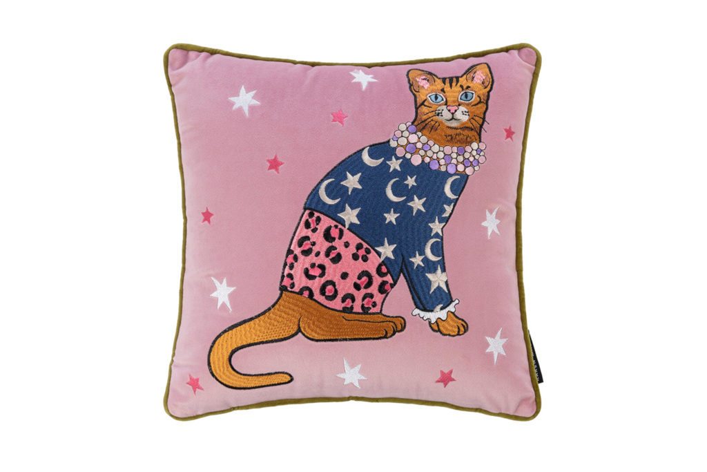 Karen Mabon Moon and Stars Embroidered Cat Cushion
