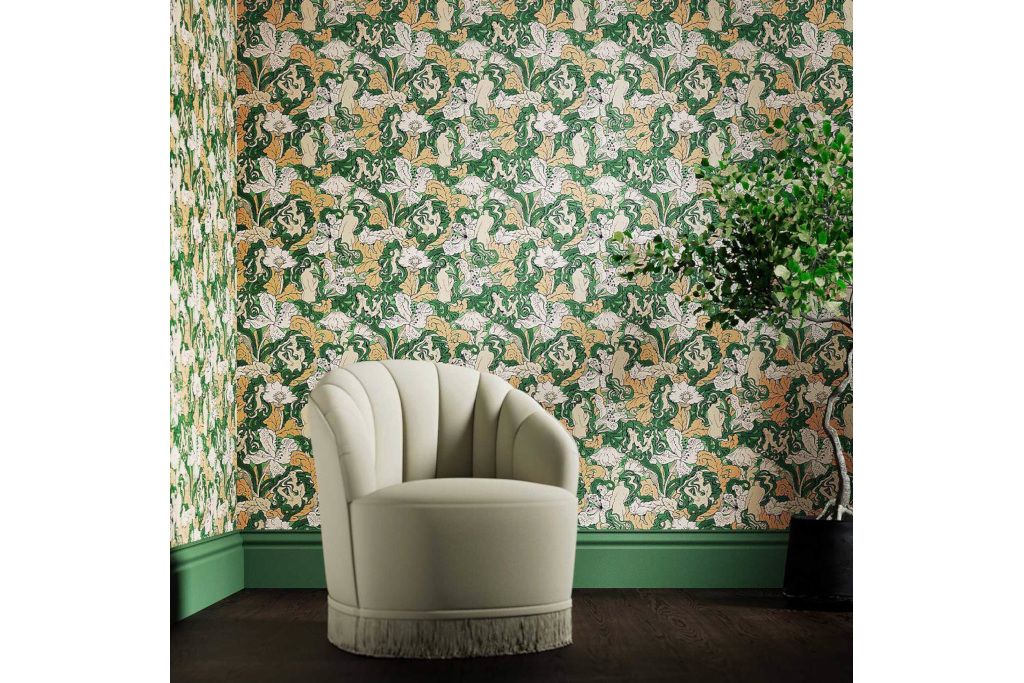 Archive by Sanderson Design Forbidden Fruit Wallpaper depicting women and fruit in green and yellow
