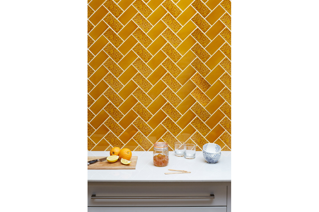 Gold 'Flame Room' tiles from the Burleigh x Craven Dunnill Jackfield Collection