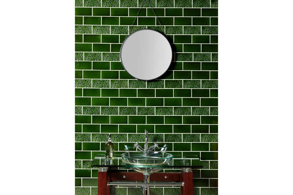 Green 'Laurel Room' tiles from the Burleigh x Craven Dunnill Jackfield Collection