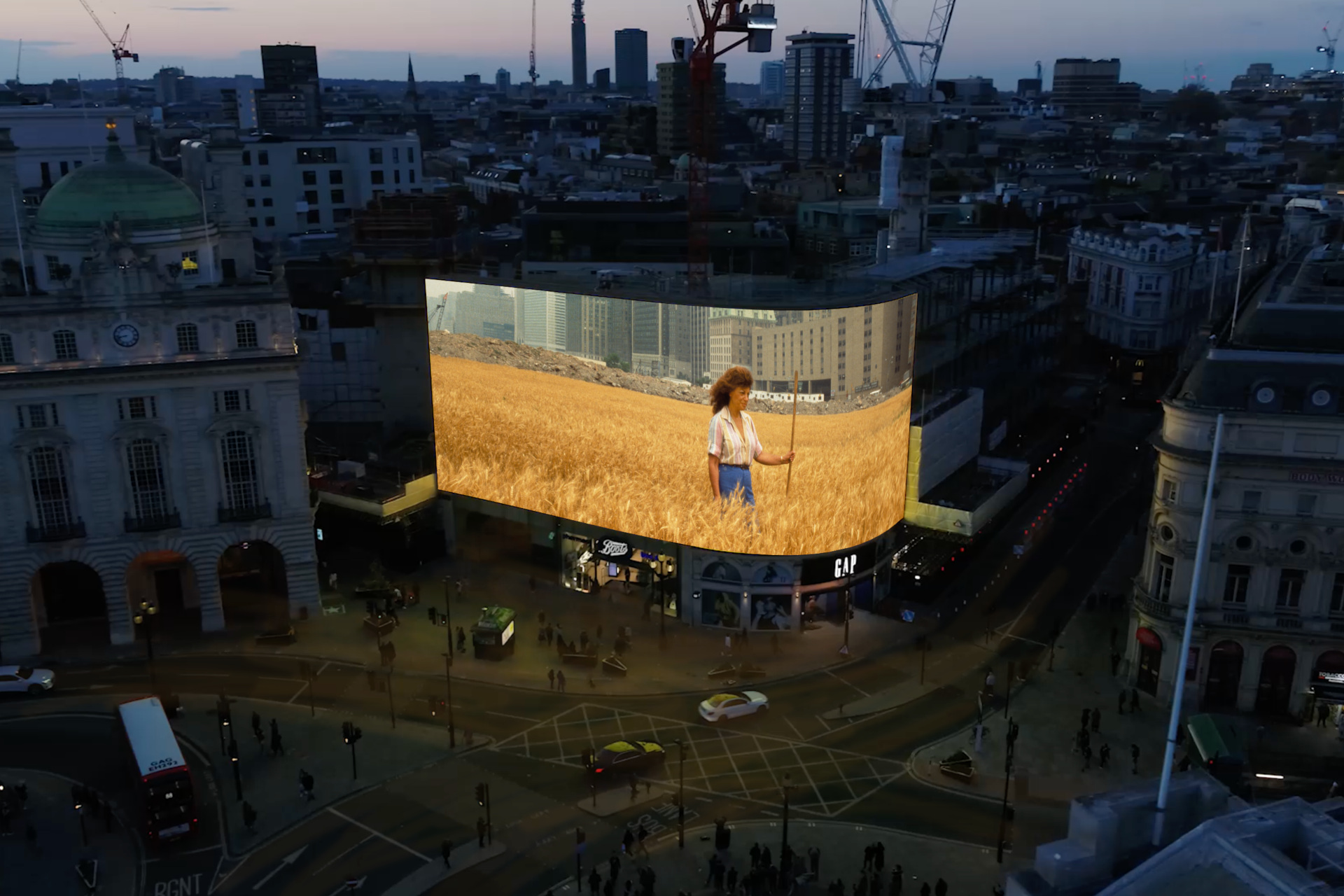 Piccadilly Lights showing Another Confrontation by Agnes Denes