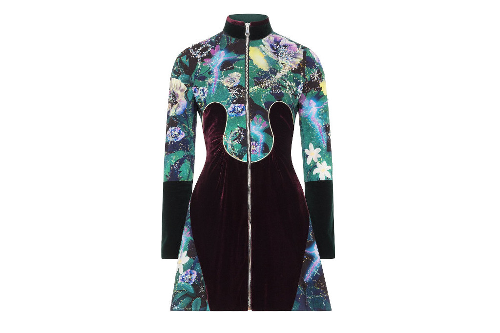 Zip-up velvet mini dress with long sleeves