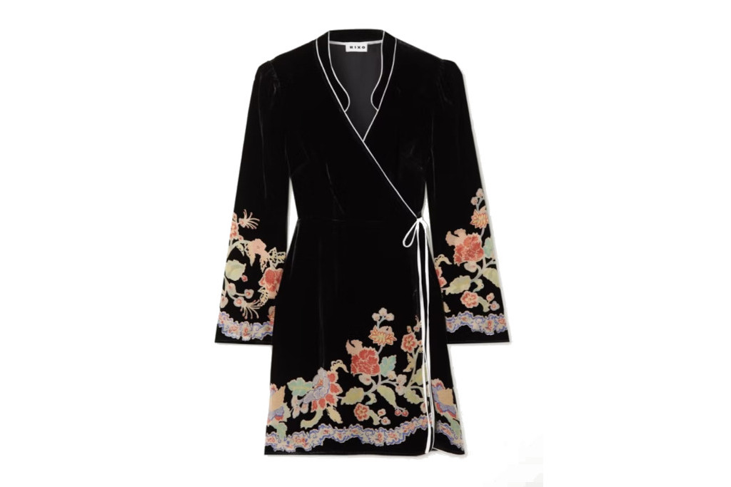 Blue wrap dress weith floral detail on the hem and sleeves
