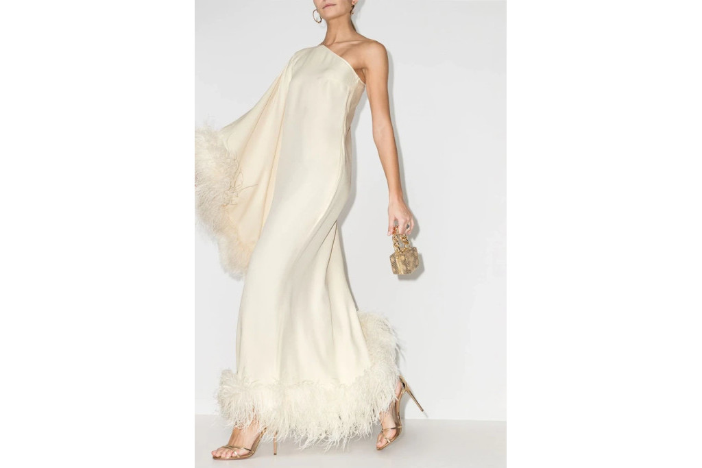 Ivory dress with feather trim