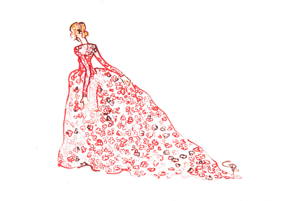 Valentino Haute Couture, 2013 Ink on paper, signed, Nob Hill Gazette March 2013, 64 x 78 cms