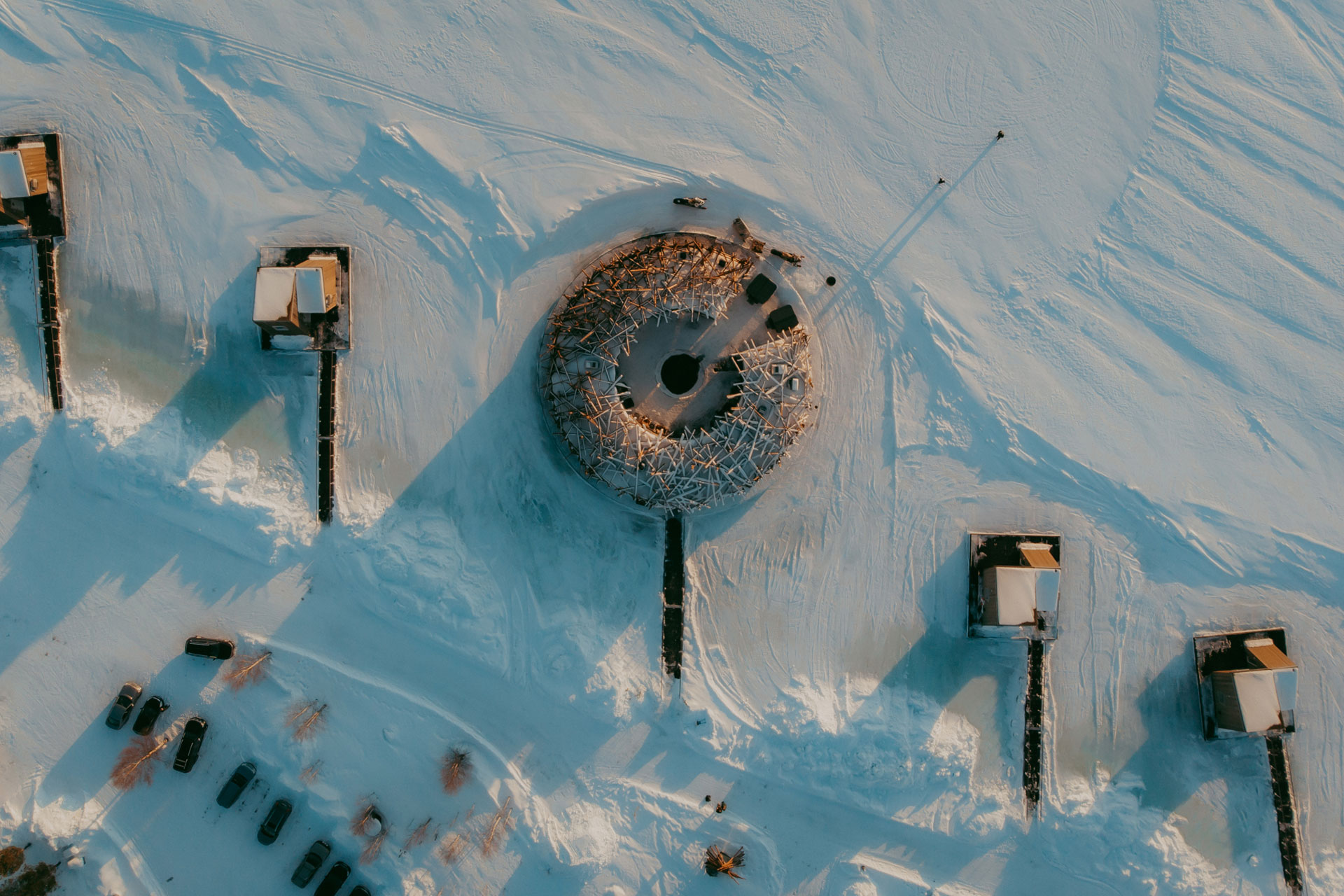Ariel view of a snow landscape in Sweden arctic bath hotel
