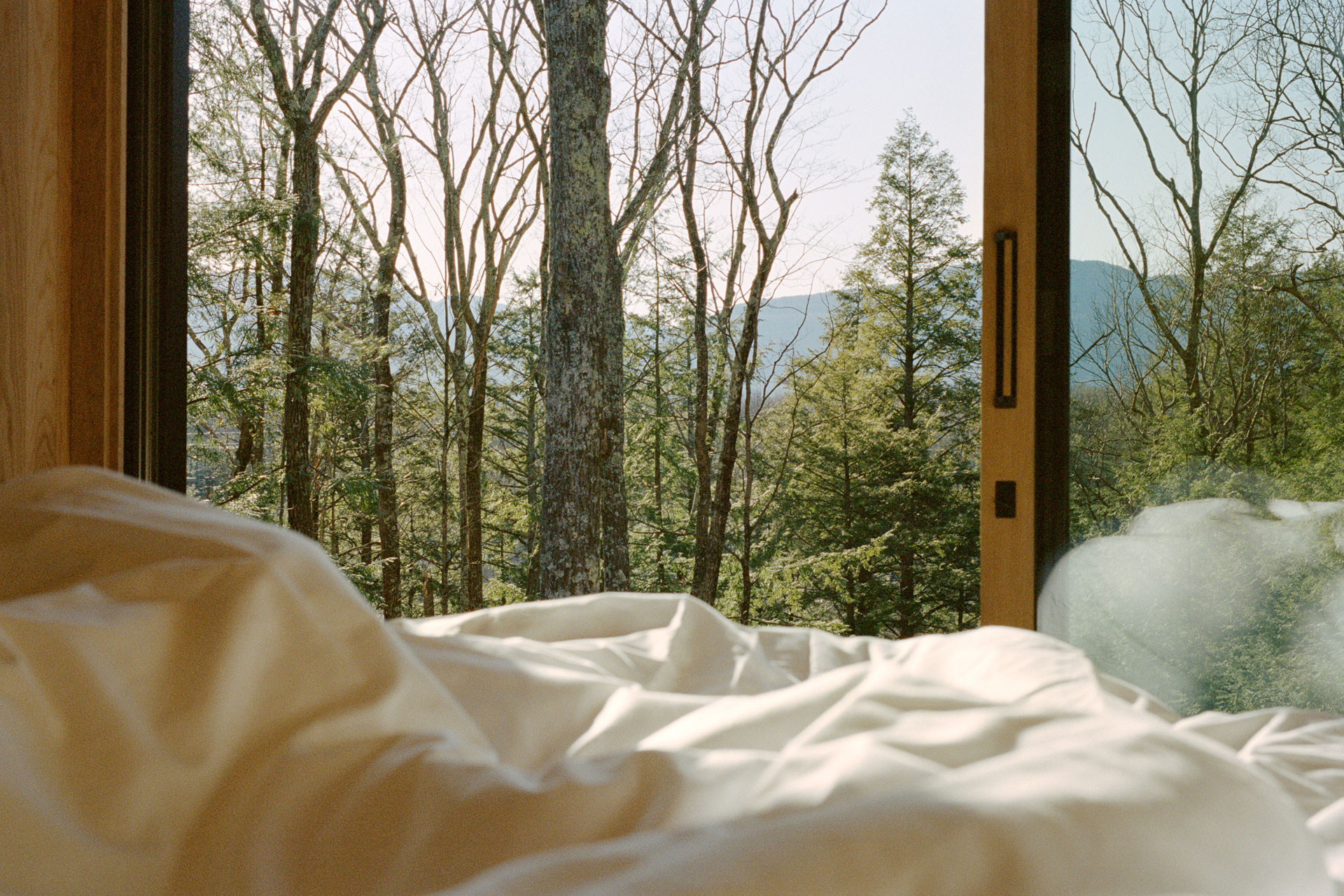 white bed with a forest backdrop at Piaule Hotel USA