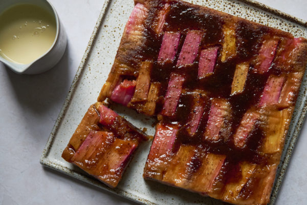 Upside Down Vanilla Rhubarb Brûlée Cake
