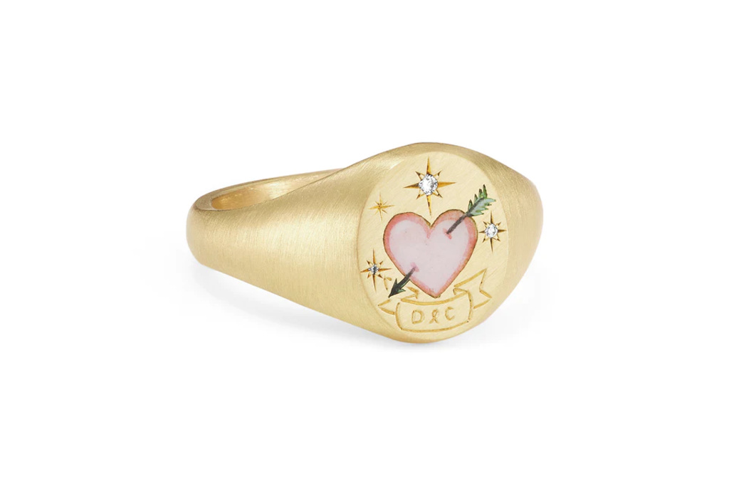 Gold signet ring with enamel heart | valentines gifts