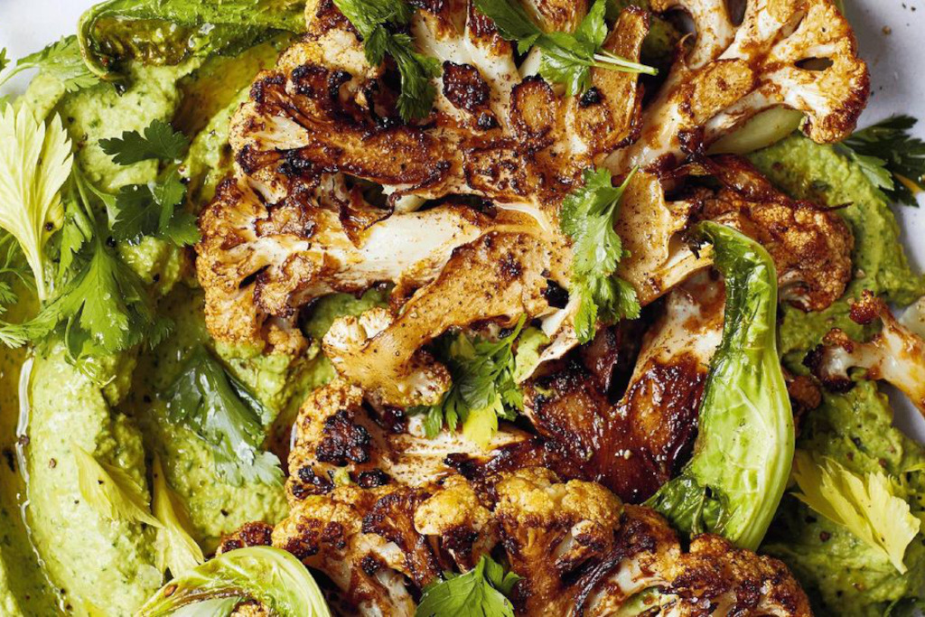 Melissa Hemsley’s - Fried Chermoula Cauliflower on Herby Bean Dip with Slaw 