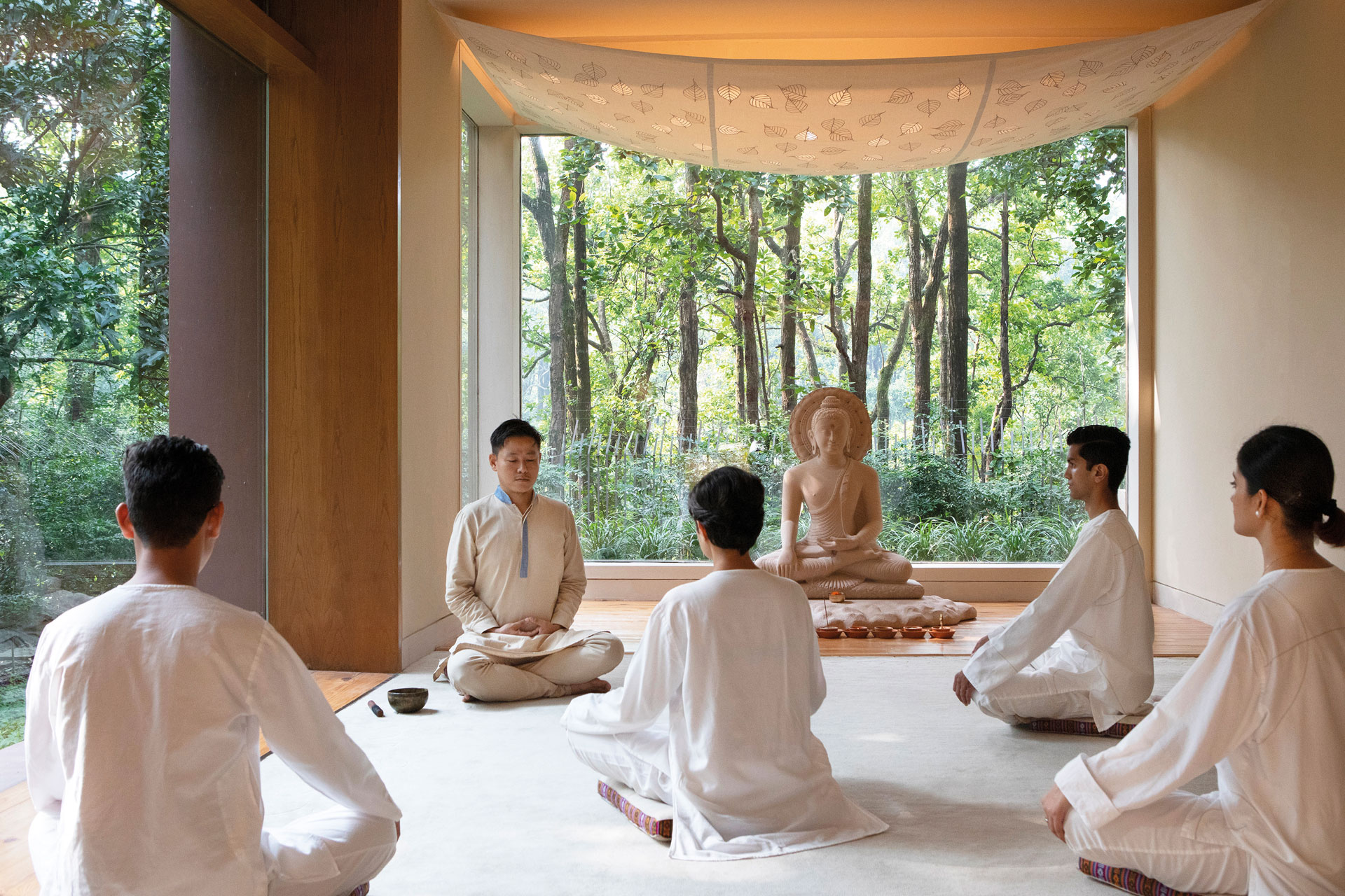 a group of people meditating within a biophillic space