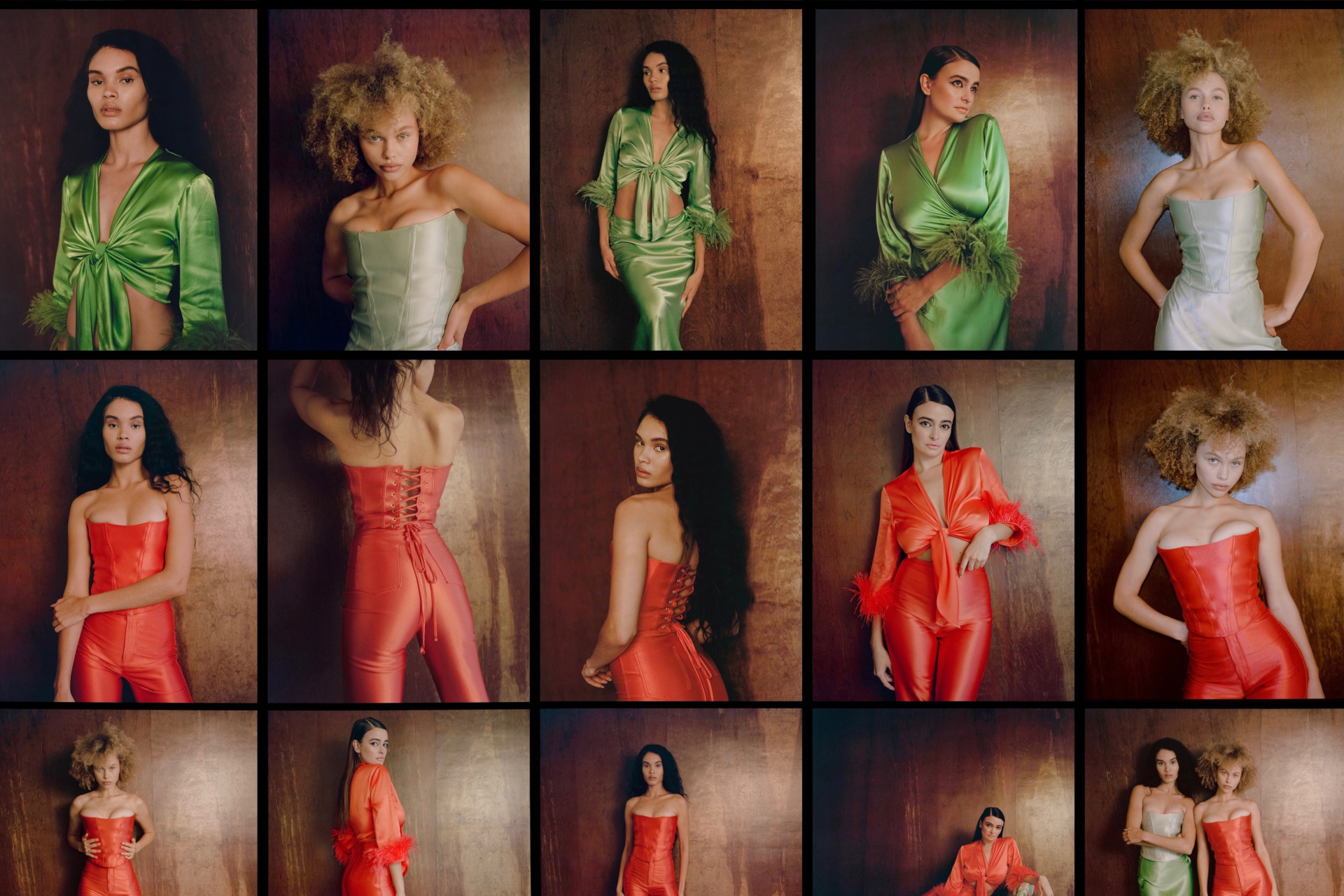 Shots o models in red and green satin clothing