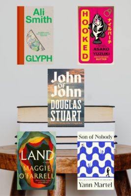 5 new book releases overlaying an image of a stack of books