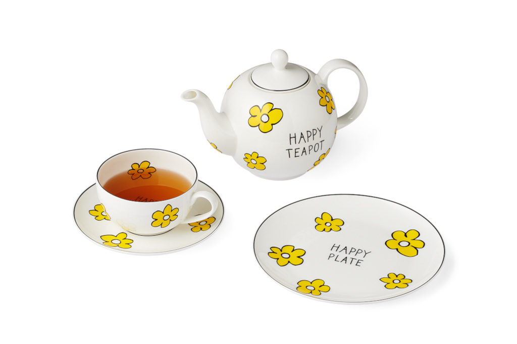 White tea set with yellow graphic flowers
