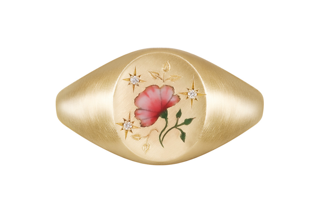 Cece Jewellery 18ct Yellow Gold, Diamond & Enamel Flower Signet Ring