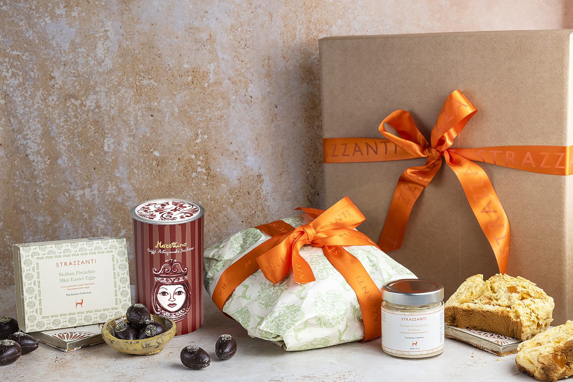 Easter Hamper wrapped up in orange ribbon