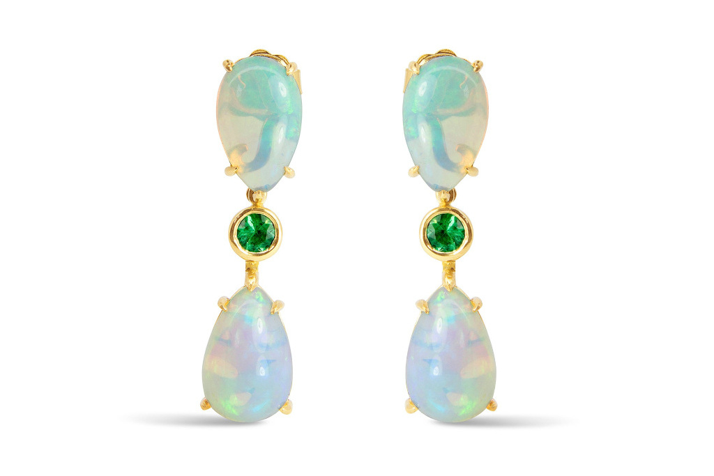 Opal drop earrings with green stone in between two opals