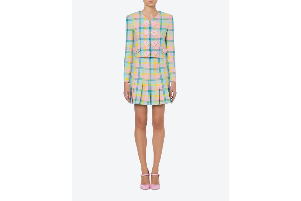 Model in multicoloured miniskirt and jacket
