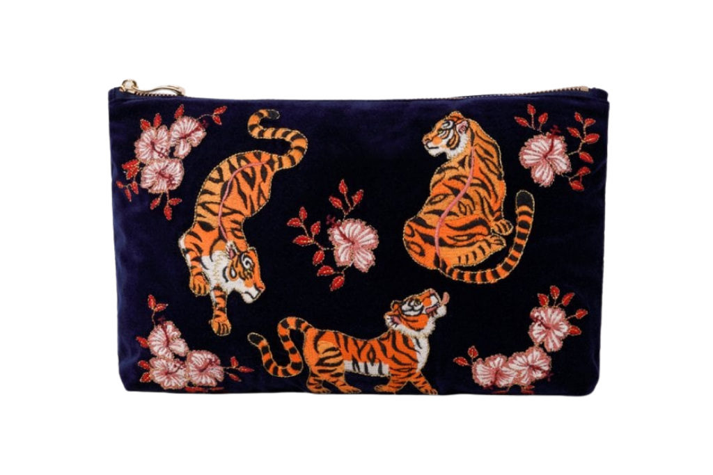 Navy velvet pouch with tigers