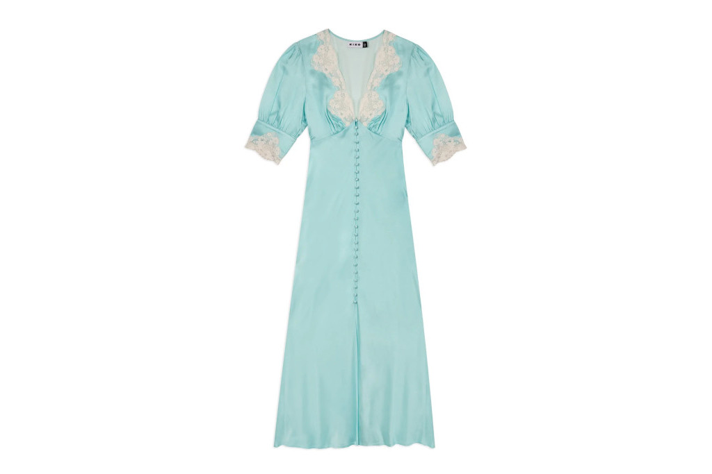 Blue long silky dress with lace sleeves and lapels