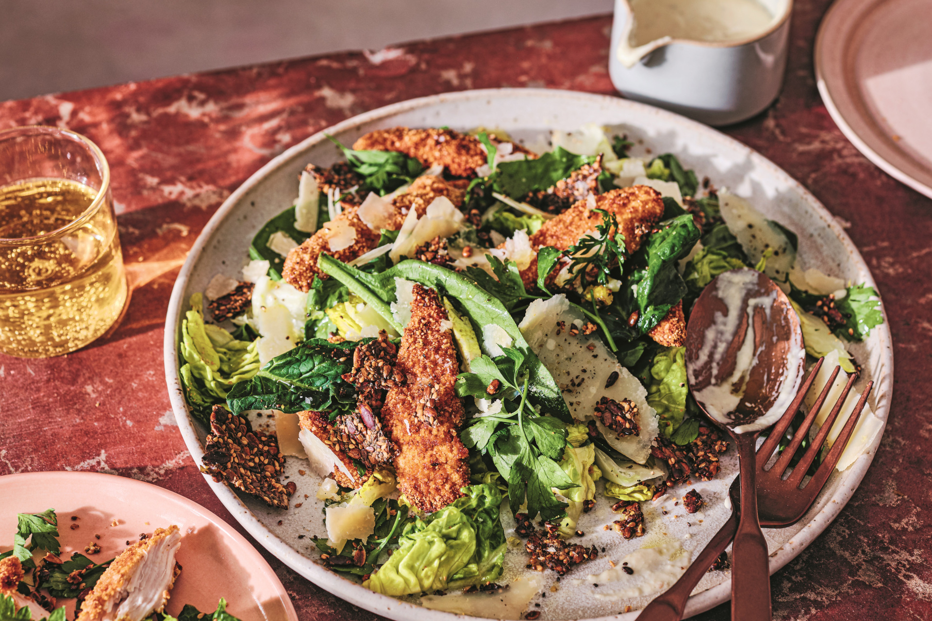 chicken goujon caesar salad with fibre cracker croutons the gut loving cookbook