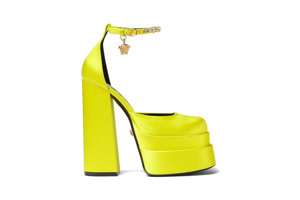 VERSACE Medusa Aevitas Satin Platform Pumps in Yellow