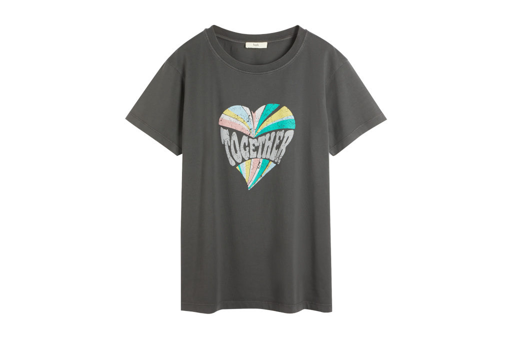 Grey t-shirt with word 'together' on the front in a heart