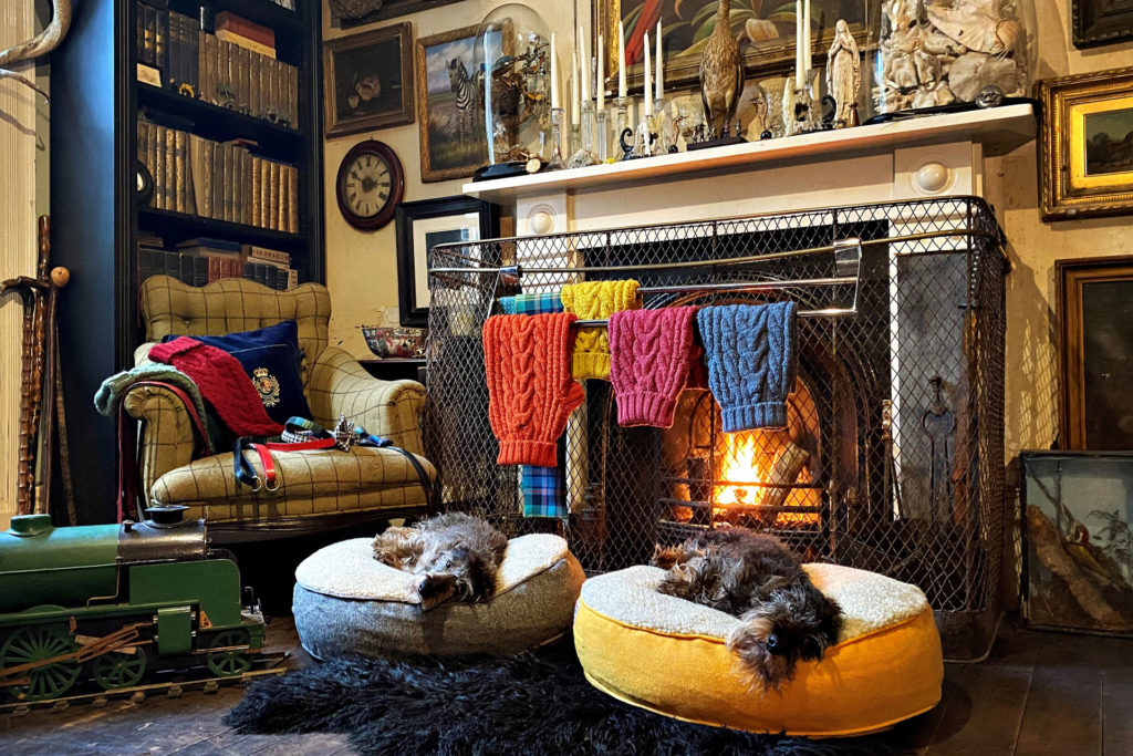 two dogs sleep next to the fire in a luxury home