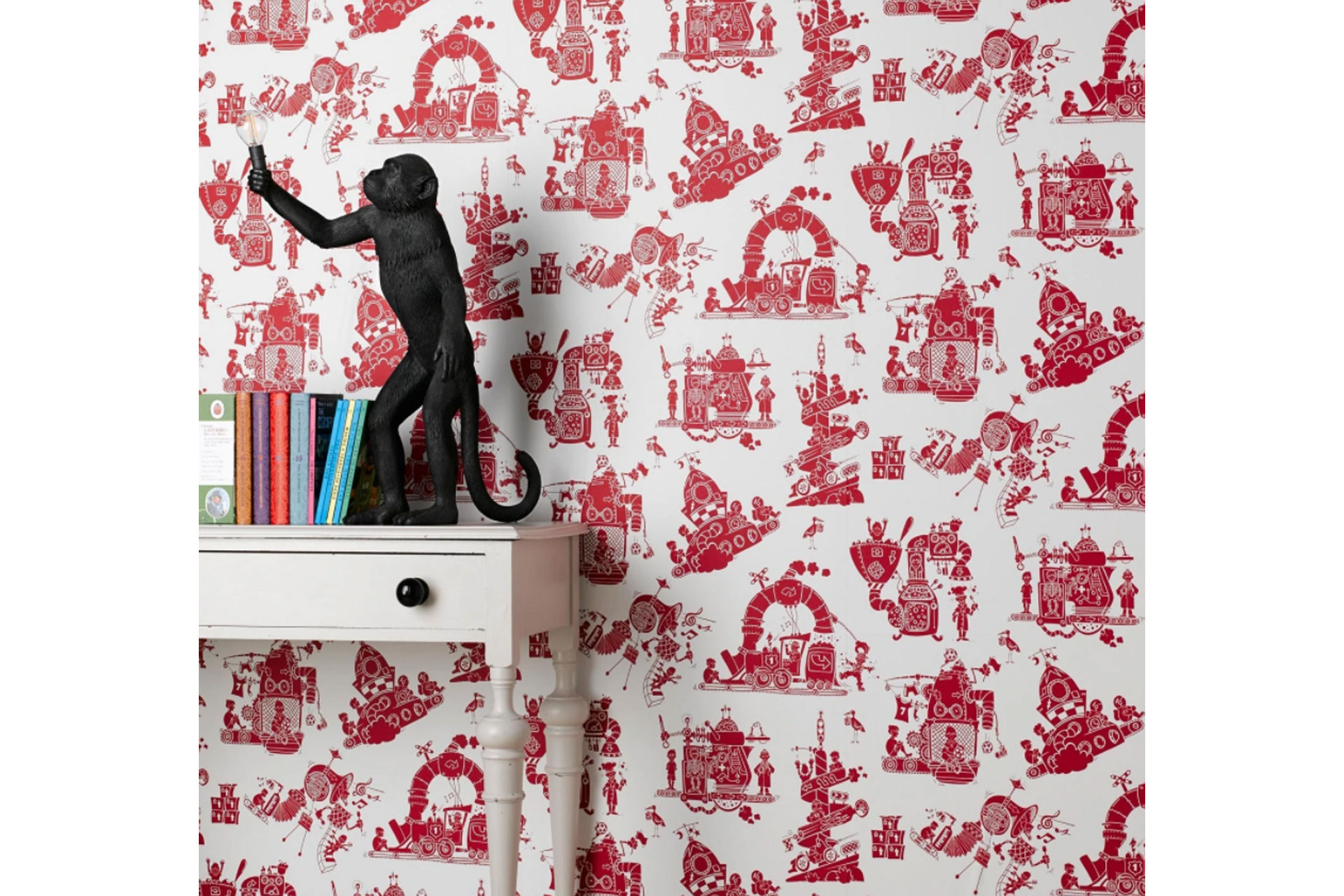 Paper Boy wallpaper with a monkey lamp for boys bedrooms