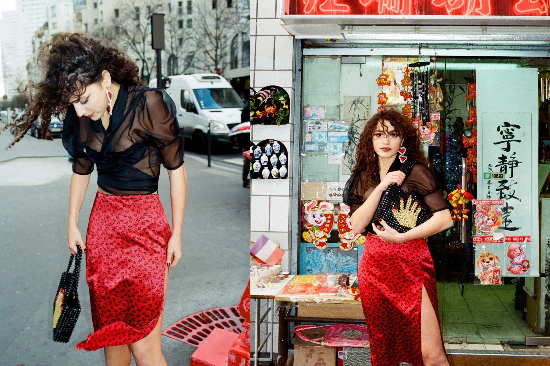 Collage of model in red skirt and black sheer top walking around on the streets