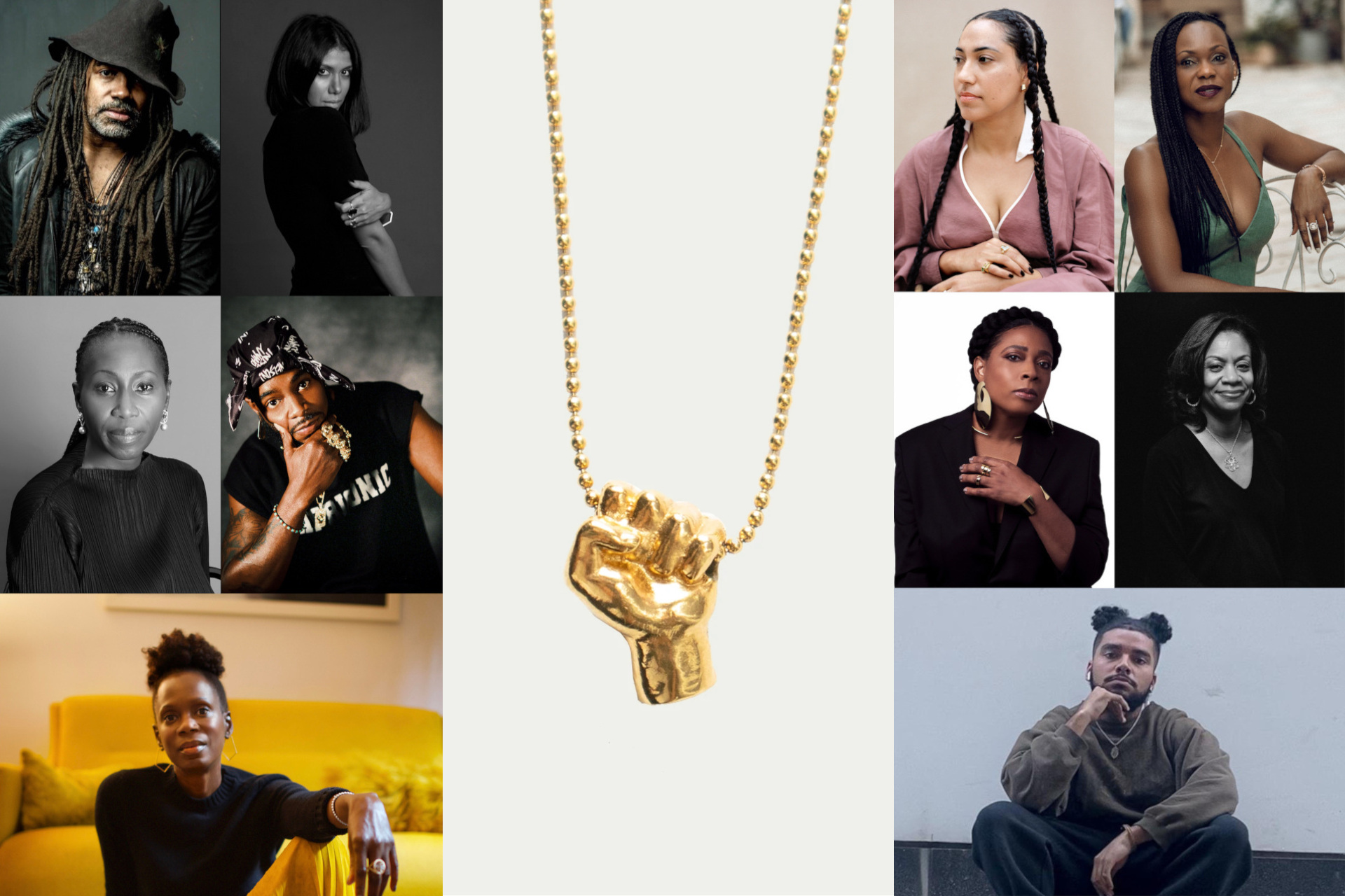 10 black jewellers surrounding a gold necklace