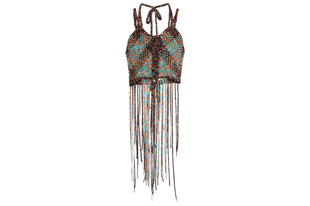 Printed Fringed Woven Silk Crop Top