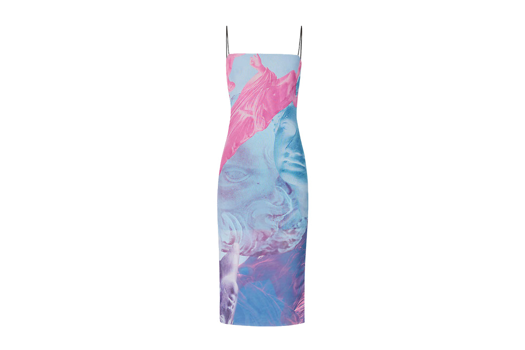 Blue, pink and purple abstract pattern midi dress
